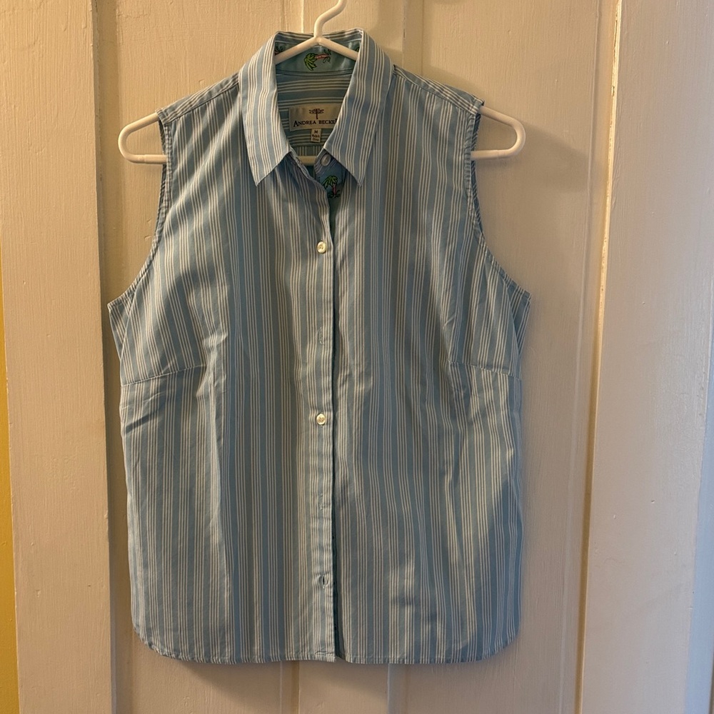 Andrea BeckeR Blue White Striped Cotton Blouse Vintage Button Front Size M - Picture 1 of 10
